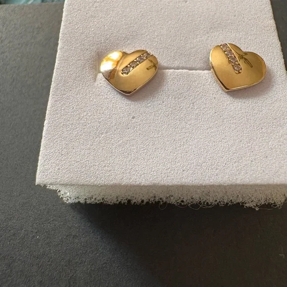 Gold Heart Earrings with Crystal Accents, 14 k real solid gold.